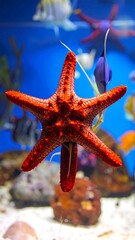 Close-up of a red starfish with five arms in an aquarium setting