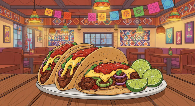 A tempting plate of loaded Mexican tacos, complete with savory fillings and fresh lime, set against the backdrop of a vibrant, traditional eatery - Powered by Adobe