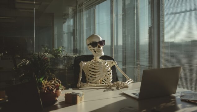 skeleton in sunglasses sits at a desk with a laptop