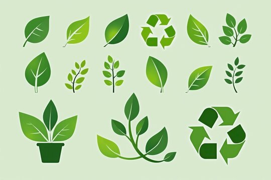 Collection of green leaves and recycling symbols in a flat design style