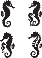 Four black seahorse icons with curled tails on white background black and white marine life