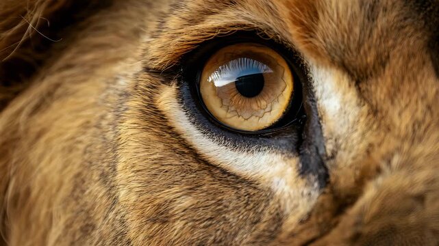 Close-Up of Lion&rsquo;s Amber Eye with Whiskers and Fur in Soft Natural Light