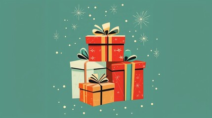Retro Christmas Gift Boxes with Sparkles – Mid-Century Holiday Illustration