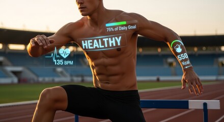 Fitness Data Man Leaping with Augmented Health Information on Display