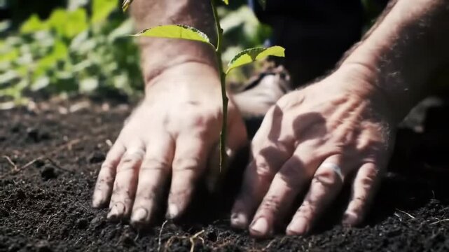 Man planting a sapling securing it with hands in soil Shoe visible in background