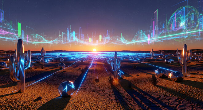 Futuristic Digital Cityscape Overlayed on Desert Landscape at Sunset - Powered by Adobe
