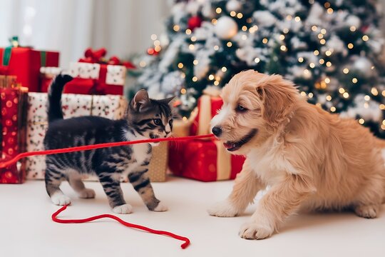 Festive Felines and Pups: A Christmas Celebration of Playful Companions