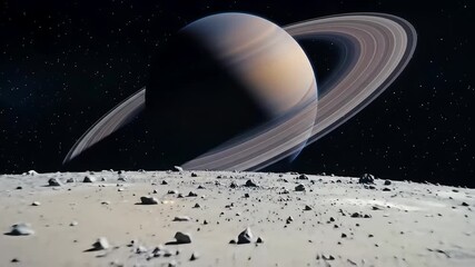 Saturn with its rings seen from a rocky moon stars in the black sky - Powered by Adobe