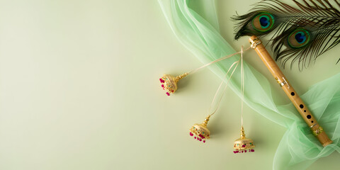 Serene arrangement of a bamboo flute with peacock feathers and tiny offerings a spiritual backdrop