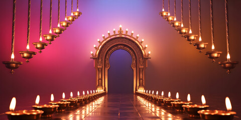 Ornate archway illuminated by warm diyas and hanging lights festive ambiance