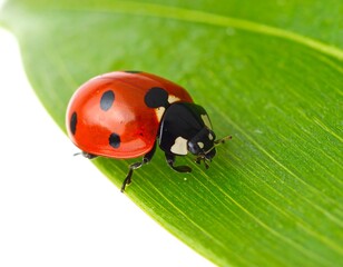 Fototapeta premium A close-up image of a ladybug on a vibrant green leaf, perfect detail