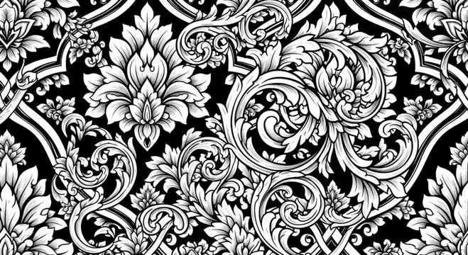 Seamless black and white damask pattern with intricate floral and acanthus leaf scrollwork.
