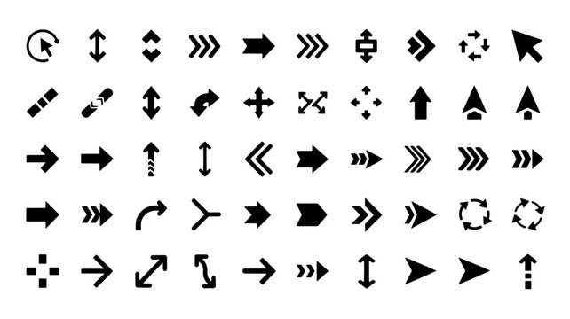 A diverse collection of black arrow and cursor icons pointing in various directions on a white background.