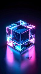 Glowing cube with blue and pink light on a reflective surface