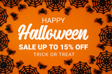 Happy Halloween Sale 15% Off with Price Tag and Halloween elements decorated on orange background