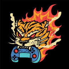Angry tiger head with burning flames biting a game controller. Game pad and tiger illustration for boys t-shirts. Japanese style