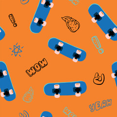 Playful seamless pattern with blue skateboards, doodles, fire icons, star, exclamation marks and words WOW and YEAH on bright orange background. Trendy print for kids streetwear, textile and decor.