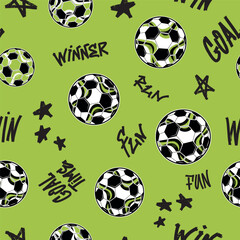 Seamless football pattern with soccer balls, graffiti words GOAL, WINNER, FUN, playful stars on green background. Sporty design for kids wear, boys apparel, textile, wrapping paper.