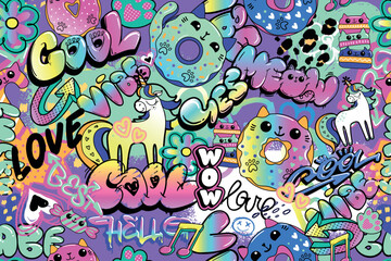 Seamless cute doodle pattern with unicorns, donut cats, kawaii sweets, hearts, stars, colorful graffiti text. Fun playful design for kids fashion, streetwear, backpacks, stationery and wrapping paper