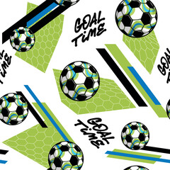 Seamless football pattern with soccer balls, GOAL TIME text, geometric shapes and sport stripes in green blue black palette. Dynamic sporty design for boys apparel, activewear, textiles, accessories