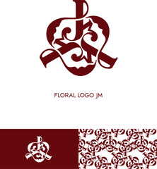 Elegant floral monogram logo with stylized letters J and M. Decorative emblem for branding, boutique identity, luxury packaging, weddings, premium aesthetics. Vector design for print and digital use