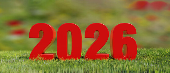 2026 Happy New Year red number digits on fresh green grass field. 3d render