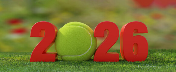 Tennis 2026. New year 2026 number with tennis ball on court