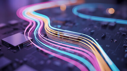 Closeup of a motherboard with colorful light trails representing data flow