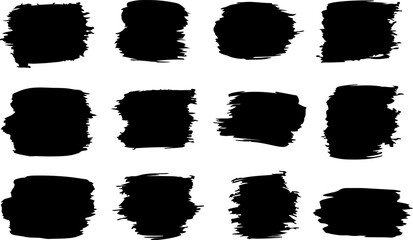 Collection of twelve diverse black grunge paint brush stroke textures and abstract shapes on a white background