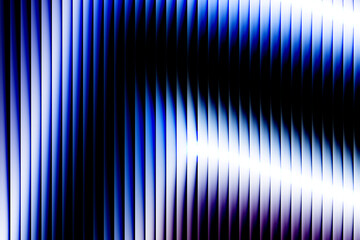 3d rendering abstract background with vertical blue and purple iridescent stripes creating a sense of depth and movement, illuminated by a bright light source casting shadows ribbed glass illuminated