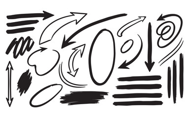 Hand drawn black arrows shapes and scribbles on vector icon set