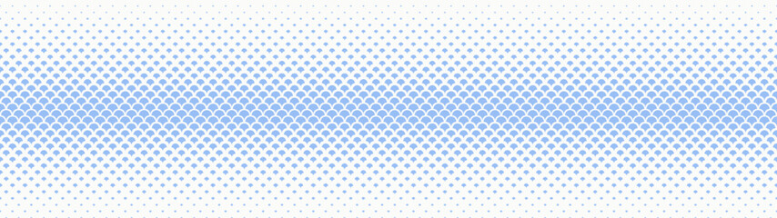 Semicircle scales halftone pattern horizontal straight border ultra wide 32:9 aspect ratio white blue vector abstract background. Half tone oriental styled graphical ultrawide format light abstraction