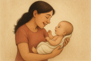 Loving mother holding newborn baby close.