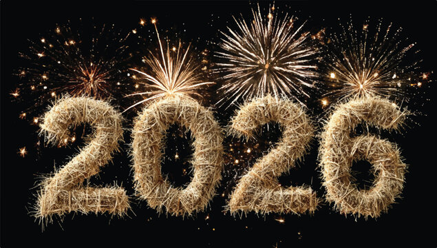 Sparkling New Year 2026 Celebration with Golden Fireworks and Textured Number Display on Black Background Festive Occasion and Future Vision Holiday Cheer