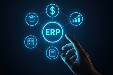 Hand Interacting with Modern ERP System Icons Representing Data Management and Business Solutions