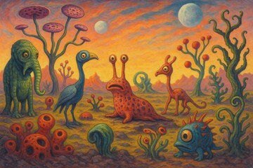 Colorful alien creatures under glowing moonlight.
