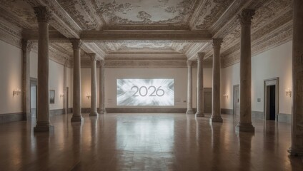 Fototapeta premium Elegant Ballroom with Columns and Projected Year 2026.