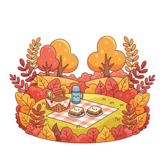 A charming autumn picnic scene with sandwiches, a thermos, and a checkered blanket in a colorful forest.