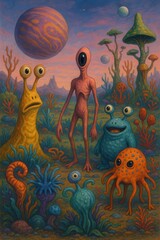 Colorful alien creatures under glowing moonlight.