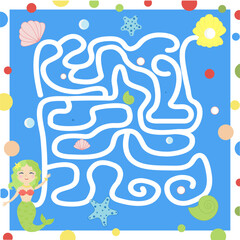 Maze game: Help the little mermaid find a shell with a pearl. Sea, mermaid, maze, children's game, task, puzzle