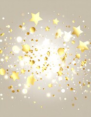 Golden confetti and stars cascade over a neutral beige backdrop