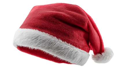 A classic red Santa Claus hat with fluffy white trim and pom-pom, symbolizing Christmas cheer, holiday spirit, and festive warmth.