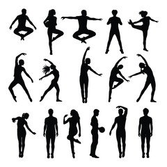 Fototapeta premium Diverse silhouettes of people engaged in various dynamic poses and yoga stretches vector