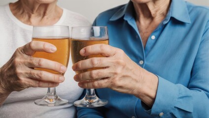 Elderly couple toasting with glasses of amber liquid, celebrating together.