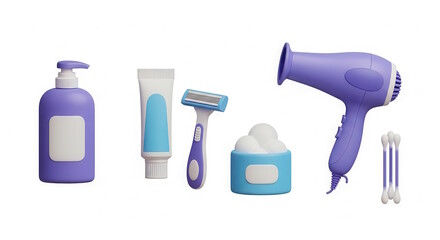 Fototapeta premium Colorful flat illustration of personal care items including a hairdryer, lotion, shaving razor, cream, and cotton swabs, arranged neatly for beauty and grooming concept