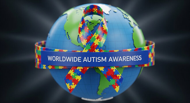 3D render of globe wrapped with puzzle ribbon — worldwide autism awareness