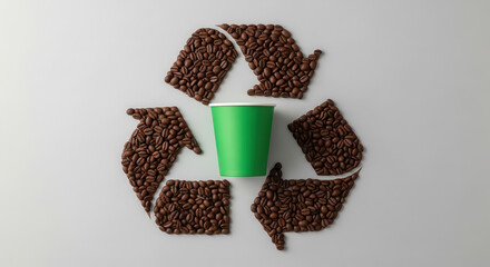 Green disposable cup surrounded by coffee beans arranged in a recycling symbol, emphasizing sustainability and eco-friendly practices in beverage consumption and waste management