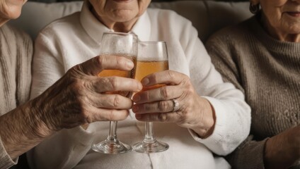 Elderly women celebrating with champagne, raising glasses in a toast.