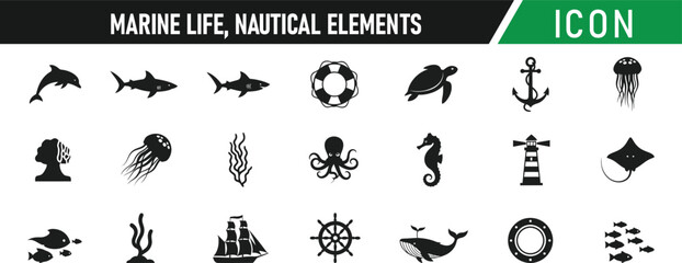 Marine-Life Nautical Elements icon set. Including Anchor, Ship Wheel, Lighthouse, Sailboat, Fish, Whale, Shell, Octopus, Seaweed, Lifebuoy. Vector silhouette illustration © MdMohiuddin
