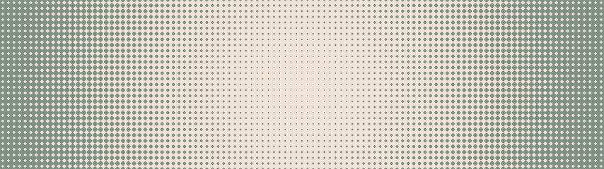 Checkered grid halftone pattern radial gradient ultra wide 32:9 aspect ratio pale green vector abstract background. Chequered half tone panoramic ultrawide format retro styled graphic abstraction